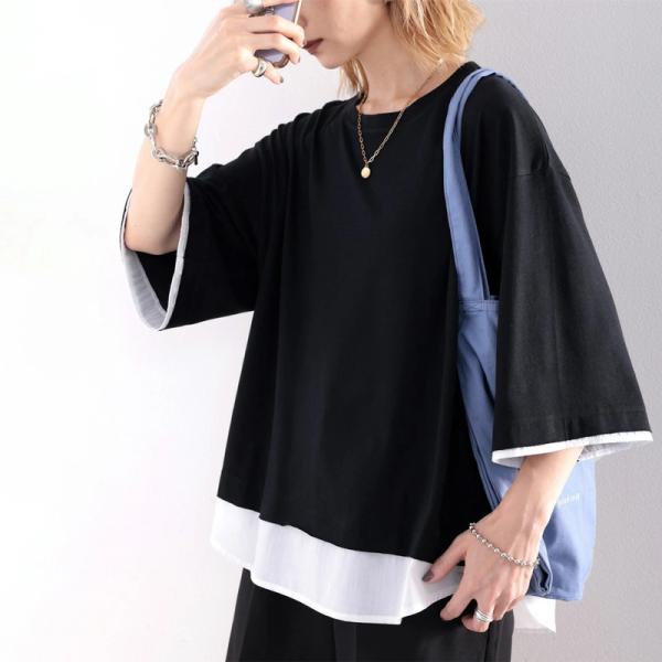 メール便  重ね着風Tシャツカットソー フェイクレイヤード レディース トップス XL 大きいサイズ 無地 cla64