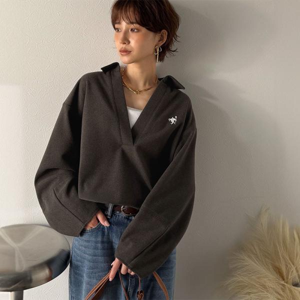 【Classical Evon】 ポロニット レディース 長袖 トップス カットソー プルオーバー 圧縮ニット 襟付き キーネック 上品 抜け感 ラフ ボリュームスリーブ