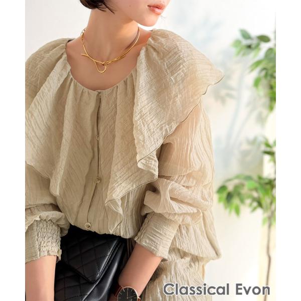 【Classical Evon】 レディース シャツ ブラウス 長袖 トップス さらり 透け感 シアー楊柳 素材 フリル ブラウス セットアップ可能 レイヤードコーデ