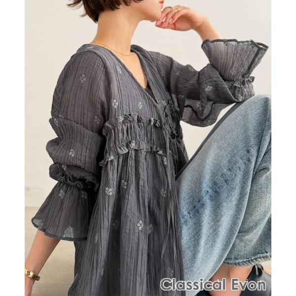 【Classical Evon】前後2WAY フラワー刺繍シアー楊柳ブラウス Classical Evon クラシカルエルフ ev1240127