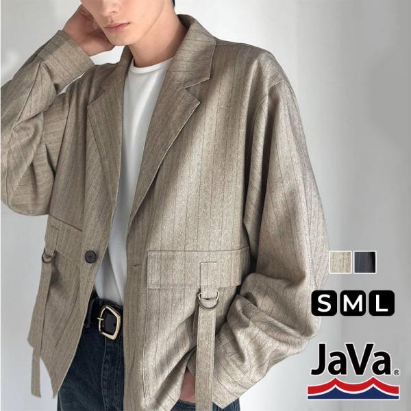 《java ジャバコラボ》 メンズ ジャケット 春夏 アウター メンズ シャツ感覚 ショート丈 ポケット デザイン テーラード ヘリンボーン 柄 ストライプ