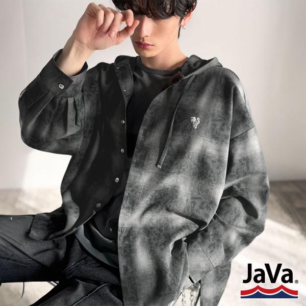 《java ジャバコラボ》 シャツ パーカー トップス メンズ フード ヴィンテージ風 チェック柄 羽織り チェックシャツ フード付き 胸刺繍 シャツアウター
