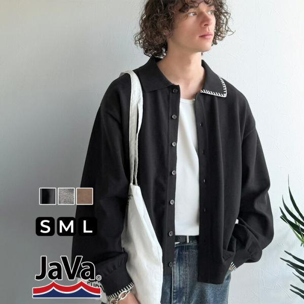 《java ジャバコラボ》 ニットシャツ メンズ 長袖 トップス シャツ カーディガン ステッチ 配色 ショート丈 ニットシャツ 羽織り レイヤードコーデ