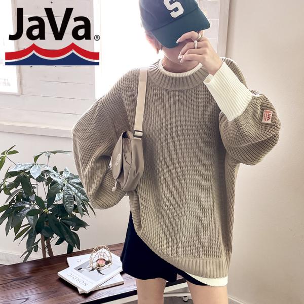 《Javaジャバ コラボ》トップス ニット レディース セーター メンズ 男女兼用 ユニセックス ざっくり 重ね着風 レイヤード ローゲージ クルーネック