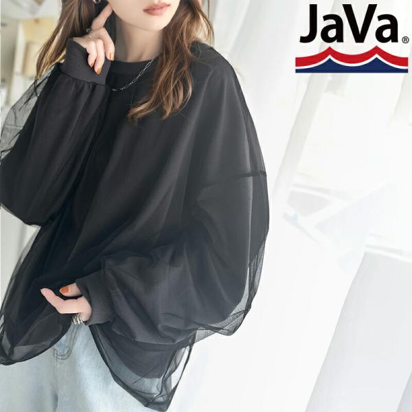 《java ジャバコラボ》 トップス Tシャツ レディース チュール レイヤード バック プリント ミニ裏毛 長袖 ロンT レイヤードコーデ