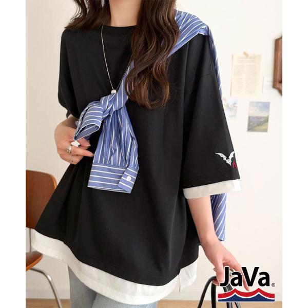 《JaVa ジャバコラボ》バックプリント×袖刺繍レイヤード風ドッキングTシャツ JaVa クラシカルエルフ jv1010601
