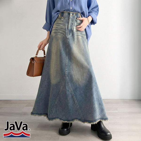 《java ジャバコラボ》 デニム スカート フレア ボトムス デニムスカート フリンジ ヴィンテージライク ロング フレアスカート お洒落 切替デザイン