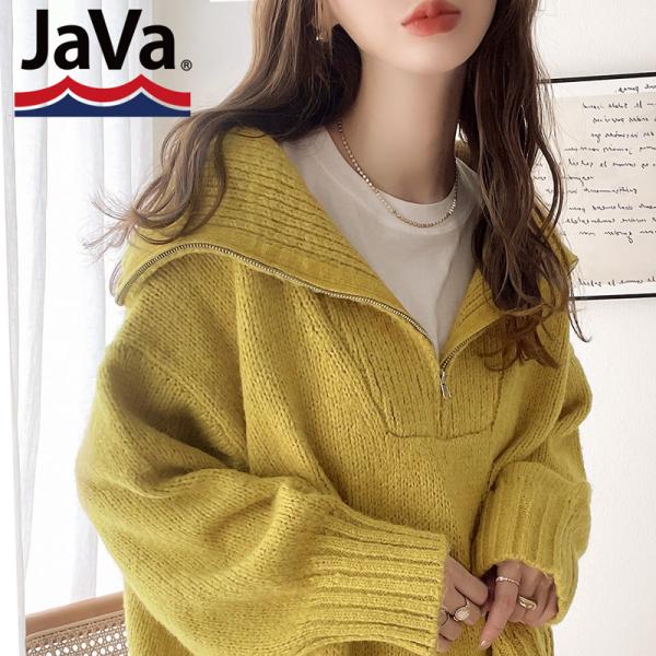 《javaジャバ コラボ》トップス ニット レディース セーター メンズ ユニセックス 男女兼用 ミックスカラー ハーフジップ プルオーバー