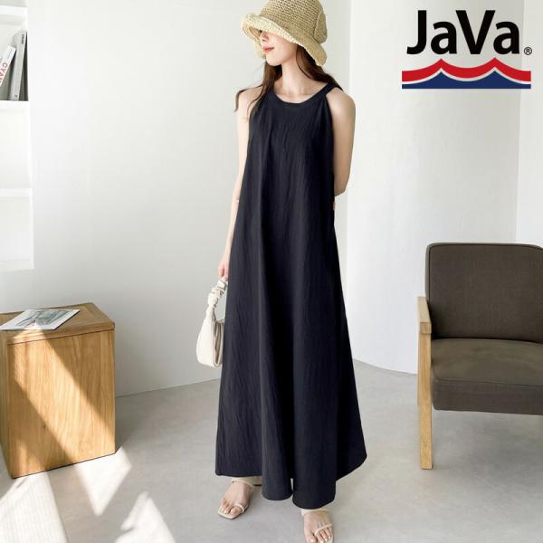 《javaジャバ コラボ》ワンピース レディース 綿100 コットン ワッシャー素材 アメリカンスリーブ 肌見せ ノースリーブ 無地