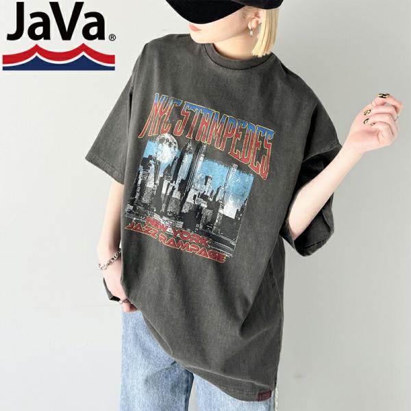 《java ジャバコラボ》 トップス Tシャツ レディース ヴィンテージ 感 コットン100% グラフィック プリント ピグメント ビッグ Tee 男女兼用