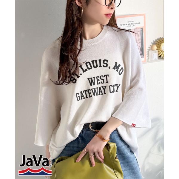 《java ジャバコラボ》サマーニット tシャツ レディース 大きめ 七分袖 トップス ニット前後2way カレッジロゴ プルオーバー 半袖 大人カジュアル 男女兼用
