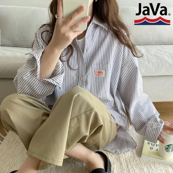 《javaジャバ コラボ》トップス シャツ レディース ブラウス メンズ 男女兼用 ユニセックス コットン 綿100% 無地 ストライプ サイドスリット