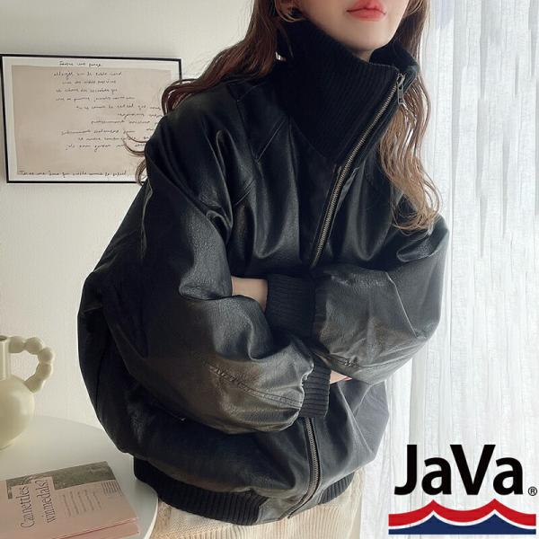 《javaジャバコラボ》 トップス アウター レディース リブタートル フェイクレザー ジャケット 男女兼用 ユニセックス メンズ ゆったり