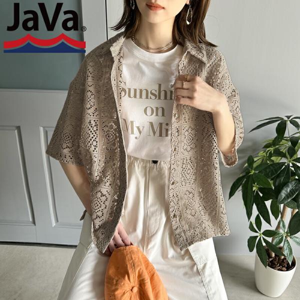 《java ジャバコラボ》 トップス シャツ レディース レトロ クロシェ風 ブロック 刺繍 レース ブラウス 男女兼用 ユニセックス