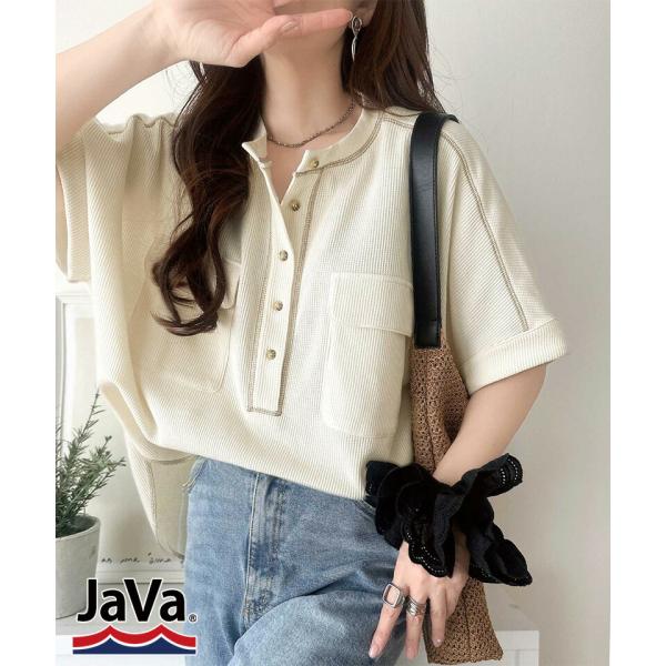 《JaVaジャバコラボ》ゆるさが、サマになる。ヘンリーネック配色ステッチワッフルトップス（半袖） JaVa クラシカルエルフ jv1110191