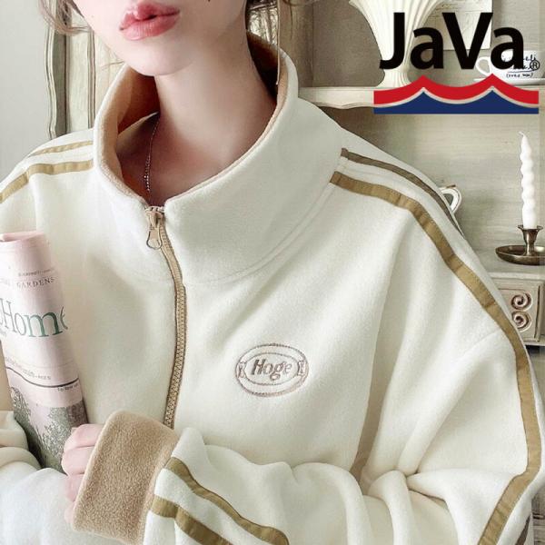《javaジャバ コラボ》トップス スウェット レディース 刺繍 フリース ハーフジップ スポーティ ワンポイント 男女兼用 ユニセックス メンズ