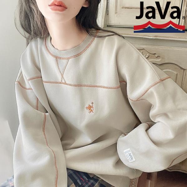 《javaジャバ 別注》 トップス スウェット レディース ヘビーウエイト 裏起毛 配色 ステッチ ロゴ プルオーバー 男女兼用 ユニセックス メンズ