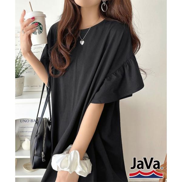 《JaVaジャバコラボ》 ワンピース レディース 春夏 綿 100％ 袖 フリル オーバーサイズ 体型カバー レイヤードコーデ ワンピ 半袖 大きいサイズ