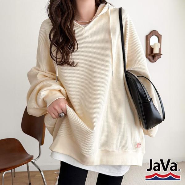《java ジャバコラボ》 パーカー レディース 春 トップス オーバーサイズ ワッフルパーカー 綿100％ ゆるっとシルエット 大人カジュアル コットン100％
