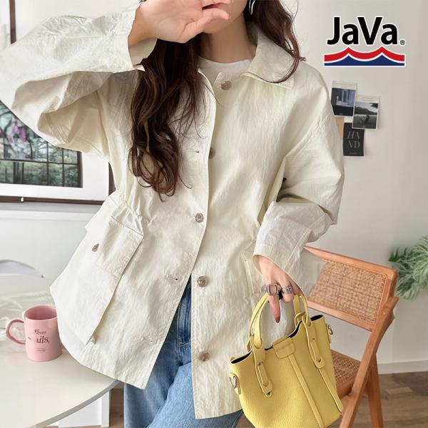 《java ジャバコラボ》 アウター ジャケット レディース ウエストドロスト ミドル丈 ジャケットコート ナイロンワッシャー素材 ゆったりシルエット