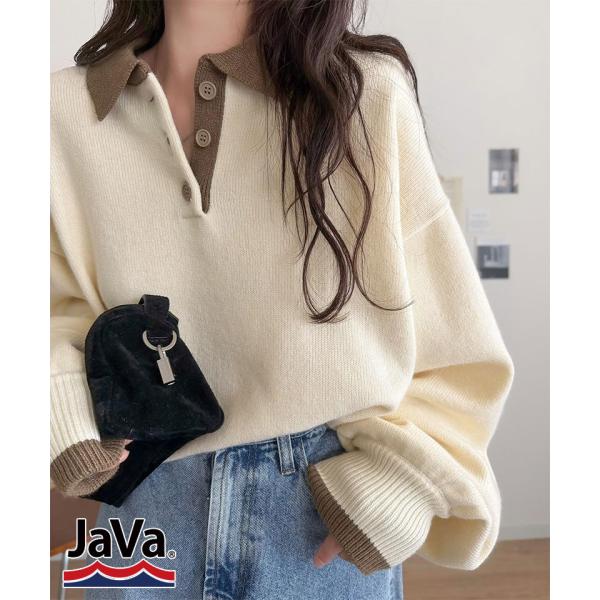 《JaVaジャバコラボ》たっぷりポロが可愛い。配色襟付きヘンリーオーバーサイズニット (長袖) JaVa クラシカルエルフ jv1350020