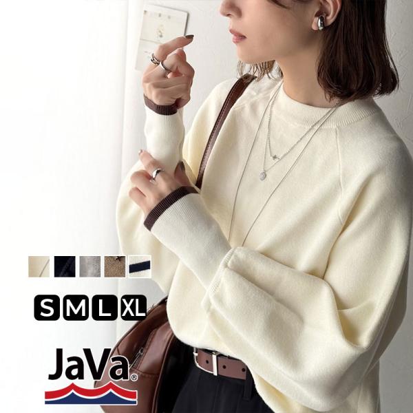 《java ジャバコラボ》 ニット レディース 長袖 トップス サムホール 付き 袖 リブ 配色 スウェットライクニット 長袖 ゆるっと オーバーサイズ
