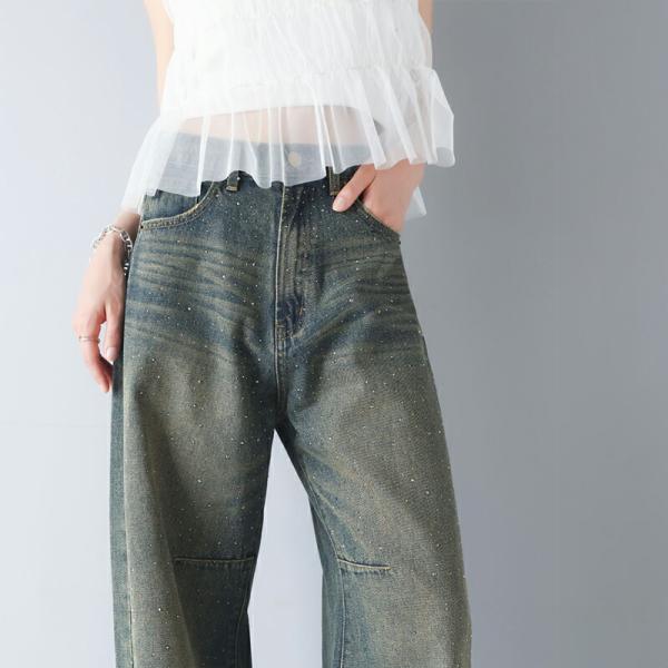 【mily bilet】 ボトムス パンツ レディース オーロラ ストーン 付き ヴィンテージ ライク カーブ ワイド デニムパンツ 裾 フリンジ ウォッシュ