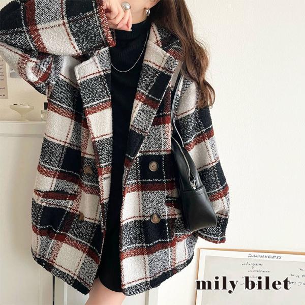 【mily bilet】コート レディース 冬 チェスタ アウターミドル丈 起毛ブークレ チェック柄 コクーンシルエット ダブルブレスト コクーンシルエット