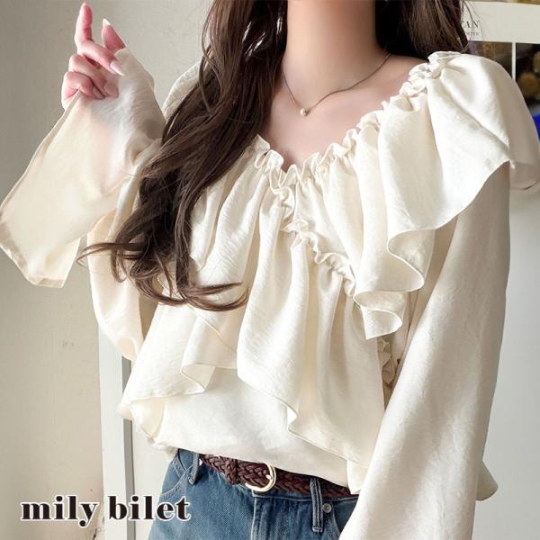 【mily bilet】 ブラウス レディース おしゃれ トップス オフショル 2way カシュクール キャンディースリーブ 華やか フリル 大人フェミニン