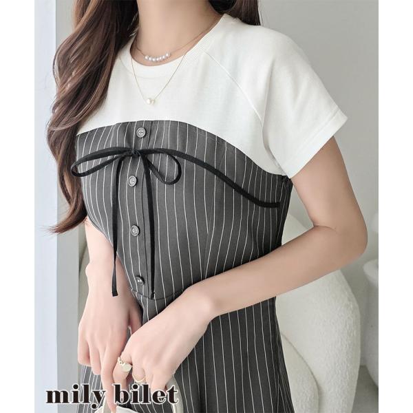 【mily bilet】 ワンピース レディース 春 きれいめ レイヤード風 ストライプ ドッキング フレアワンピ