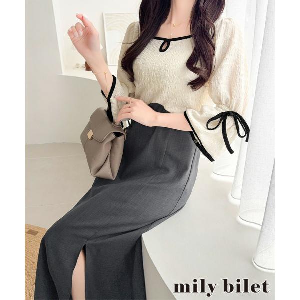 【 mily bilet 】ワンピース レディース 袖 リボン 付き 配色 パイピング 異素材 ドッキ