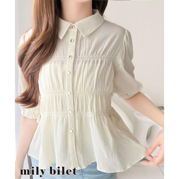 【mily bilet】リンクル素材サイドリボン使いビスチェ風シャーリング切替ブラウス mily bilet クラシカルエルフ mi1019142