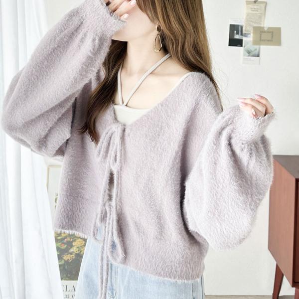 【mily bilet】トップス カーディガン レディース ボレロ ニット シャギー リボン 前後2way 羽織り ふわふわ 短丈 ショート クロップド