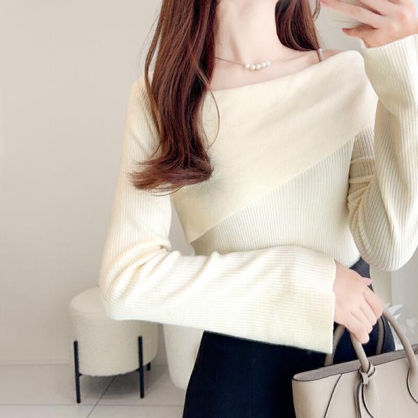 【mily bilet】 トップス ニット レディース ２WAY アシンメトリー オフショルダー リブ編みニット 袖フレア レイヤードコーデ もっちり 肌触り