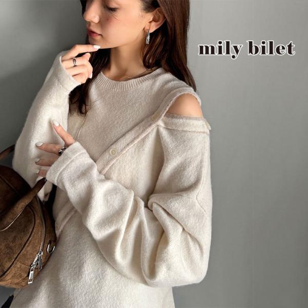 【mily bilet】 ニット レディース 長袖 トップス プルオーバー ふわもち 肩見せ 2WAY アシメデザイン 斜め切り替え 配色ライン ゆったり感 ヘルシー