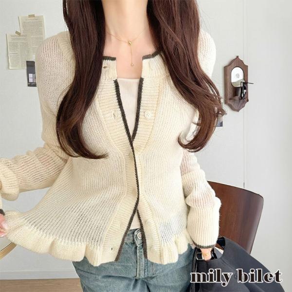【mily bilet】 カーディガン レディース 春夏 トップス ニット レイヤードスタイル 長袖 裾フリル バイカラー 大人可愛い シアー素材 軽やか