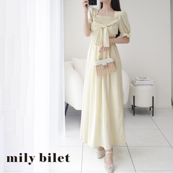 《mily bilet》 ワンピース 夏 レディース 夏 レディース きれいめ ロング丈 大人可愛い モテワンピ スクエアネック 足長効果 2025ss 春 夏