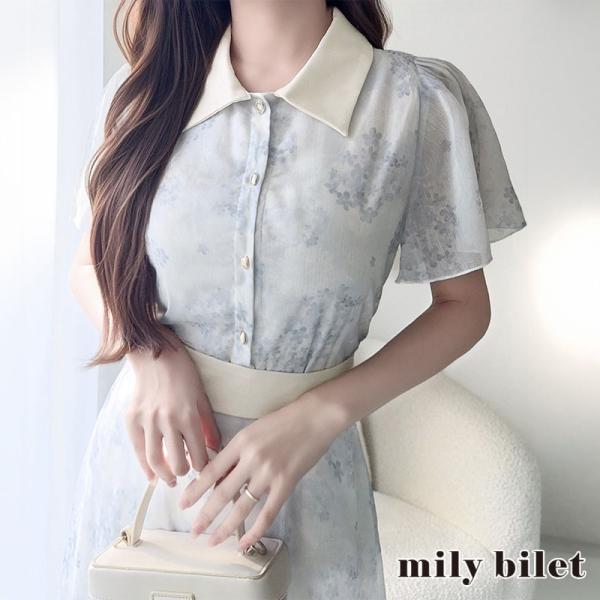【mily bilet】 ワンピース 春 きれいめ レディース シャツワンピース バックリボン シアーフローラル シャツ襟 上品 リボンベルト ゴールドボタン