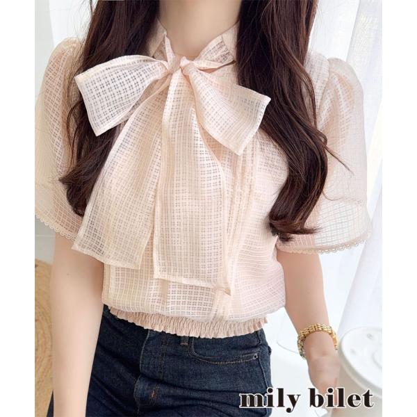 【 mily bilet 】トップス ブラウス レディース フレア袖ブラウス ボウタイ 大人ガーリー シアーチェック素材 清涼感 涼しげ 軽やか