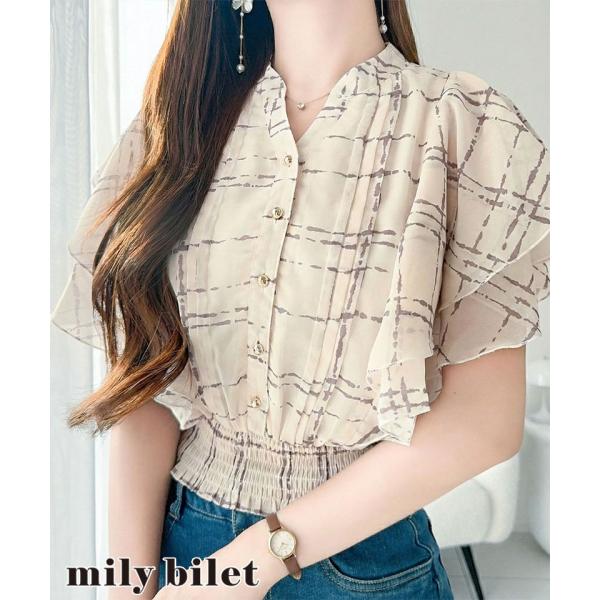 【 mily bilet 】トップス ブラウス レディース フリル シアー チェック 涼しげ 裾シャーリング