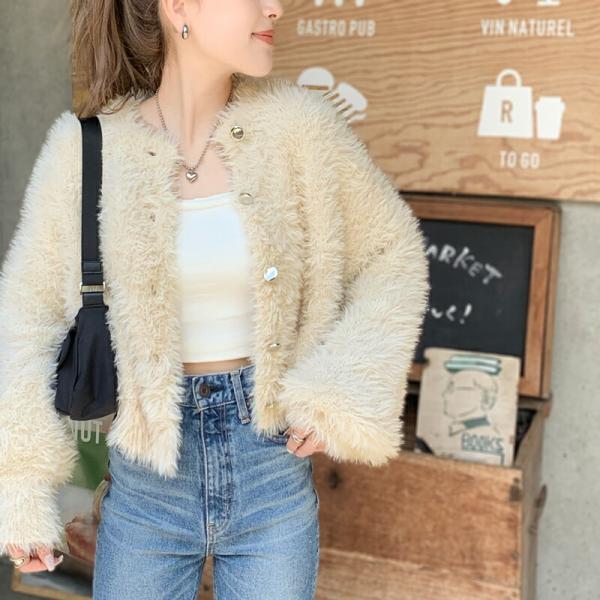 【mily bilet】 トップス カーディガン レディース ふんわり ボリューム 袖 クロップド丈 シャギー カーデ オーバーサイズ 羽織り レイヤード