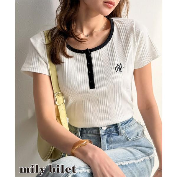 【mily bilet】 Tシャツ レディース 半袖 オーガニックコットン ランダム テレコ ロゴ 刺繍