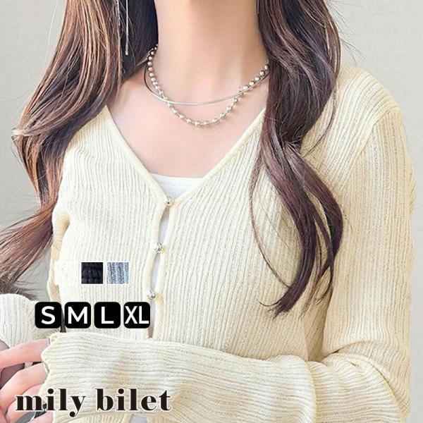 【mily bilet】 カーディガン レディース 春 トップス 透かし編み シルバー ボタン カーデ コンパクト丈 羽織り 涼しげ 羽織り レイヤードコーデ