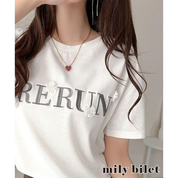【mily bilet】フロント刺繍でさりげなく華やぐ♪ 立体花モチーフＴシャツ（半袖） mily bilet クラシカルエルフ mi1359053