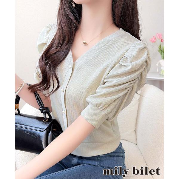 【mily bilet】袖ギャザーパフスリーブラメテレコリブパール釦カーディガン（半袖） mily bilet クラシカルエルフ mi1359054