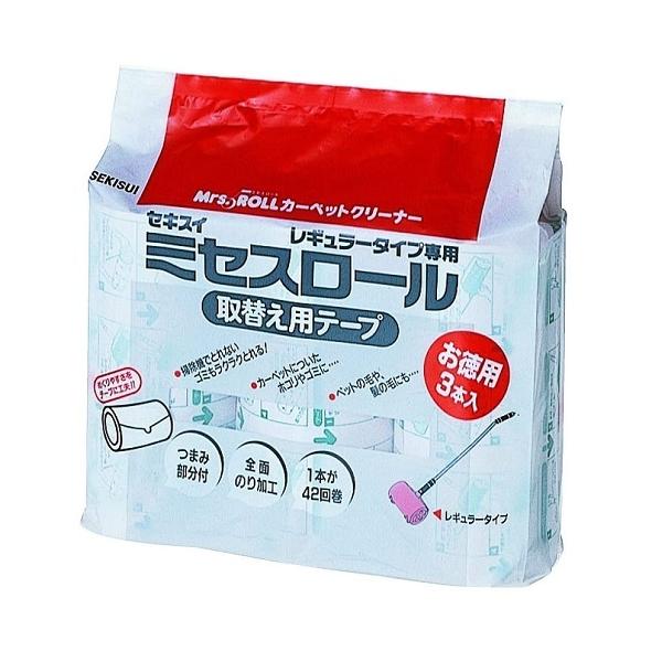 カーペットやおふとんについたホコリや髪の毛をミセスロールでコロっとキャッチ。目に見えないダニ・花粉までとれるので、小さなお子さまやペットのいるご家庭など様々なシーンで活躍！材質：粘着加工紙長さ：約42回巻紙芯内径：38mmテープ幅：195mm