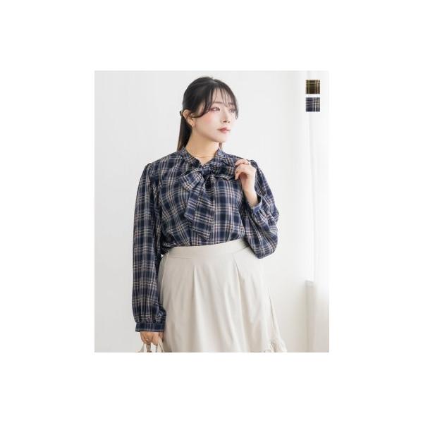大きいサイズ レディース 前後2WAYチェック柄リボンタイブラウス
