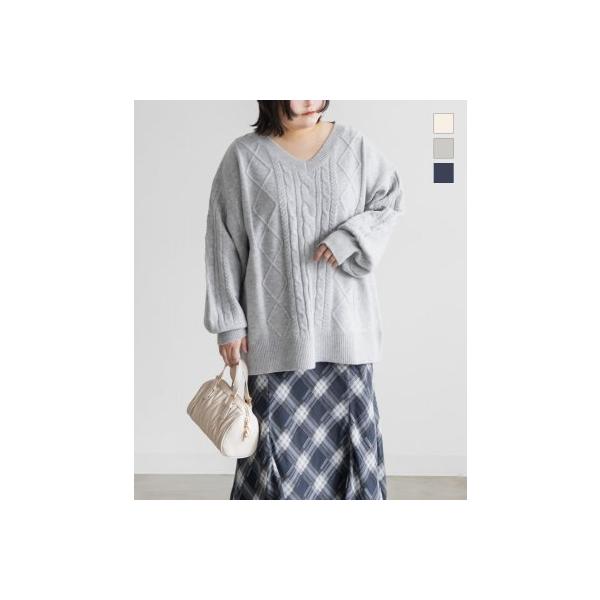 大きいサイズ レディース CLETTEオリジナルVネックケーブル編みニット