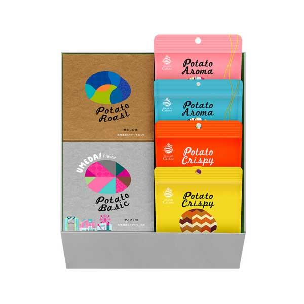 “PotatoBasic”と”PotatoRoast”各1個、“PotatoCrispy”と“PotatoAroma”各2個入り。初めての方へもお試しいただきたいセットです。内容 ： ウメダ！味、焼きしお味、ガーリックソルト味、伊勢海老のビ...