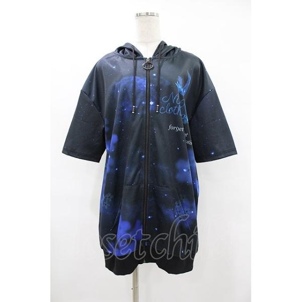 NieR Clothing / 総柄ZIP半袖パーカー 黒×青 H-25-08-04-1052-PU-TO-KB